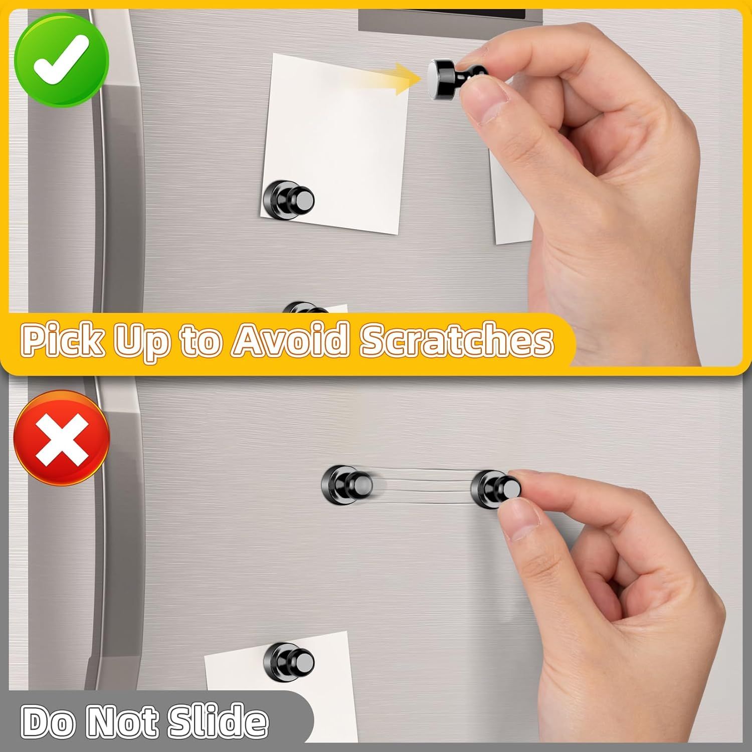 Demonstrates the correct way to install magnetic hooks by picking them up vertically to avoid scratching the surface, rather than sliding them horizontally.