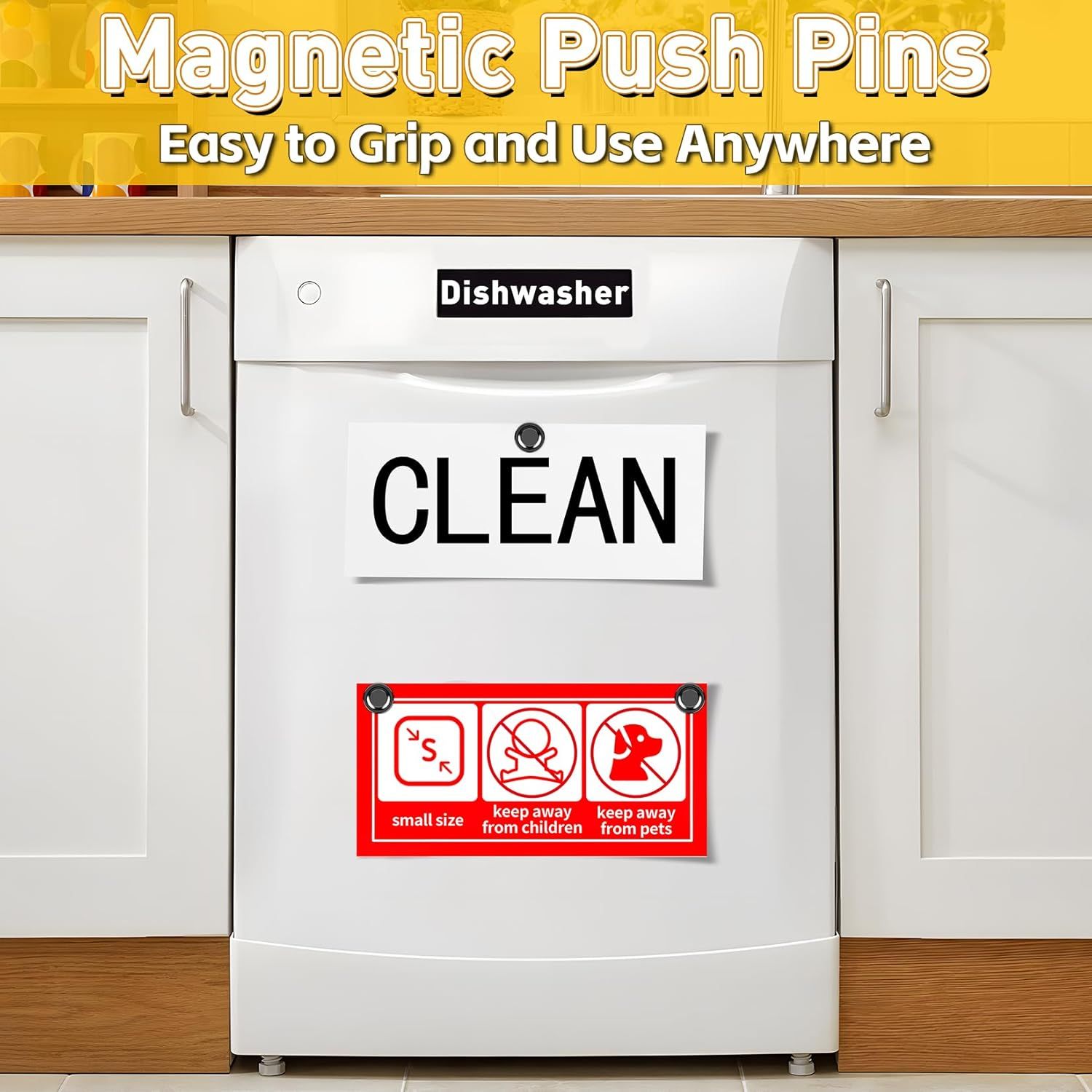 Demonstrates the product's versatility by showing it can be used on various surfaces like dishwashers, while also highlighting safety warnings (small size, keep away from children and pets).…