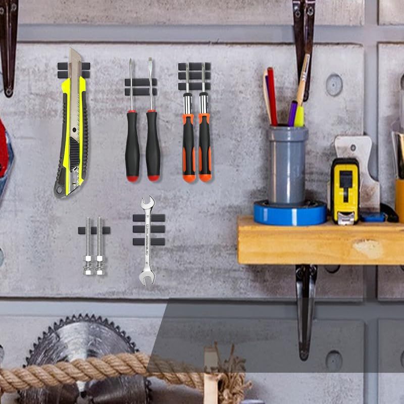 Demonstrates the magnetic tool holder system and how it organizes various tools on a wall, showing shoppers what's included and how the product keeps tools accessible and neatly arranged.