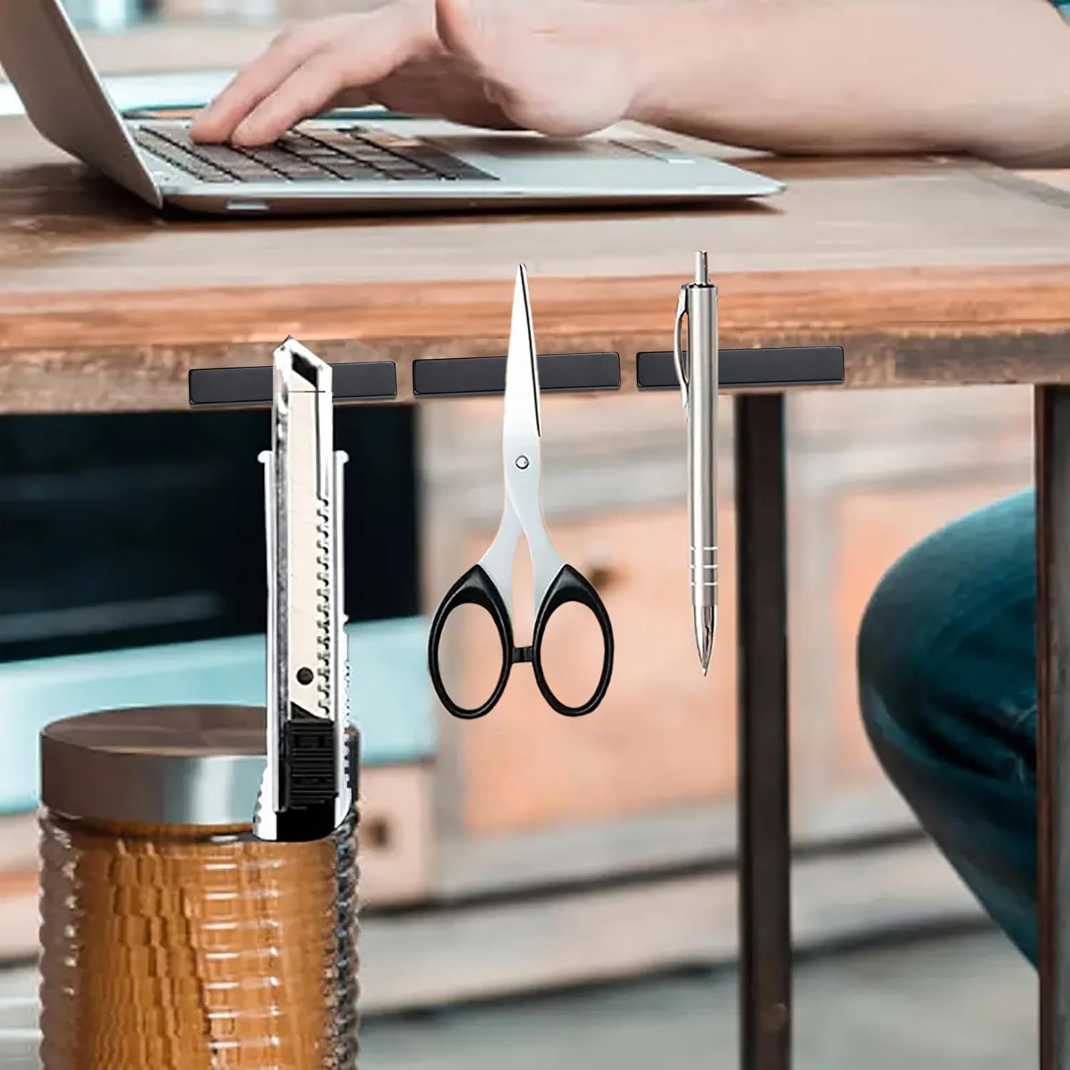 Demonstrates the product in a real-world office setting to show how it fits naturally into a workspace environment and keeps desk tools organized and accessible.