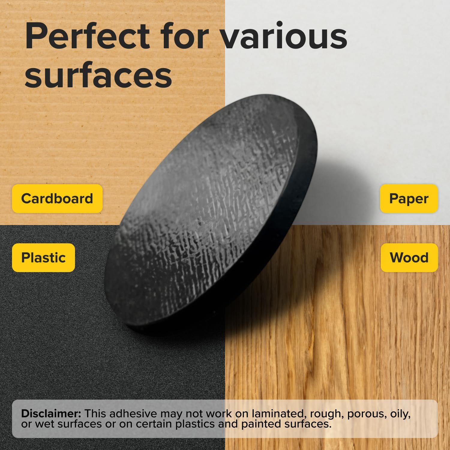 Demonstrates that the product works on multiple different surfaces (cardboard, paper, plastic, and wood) to reassure shoppers of its versatility and broad applicability.
