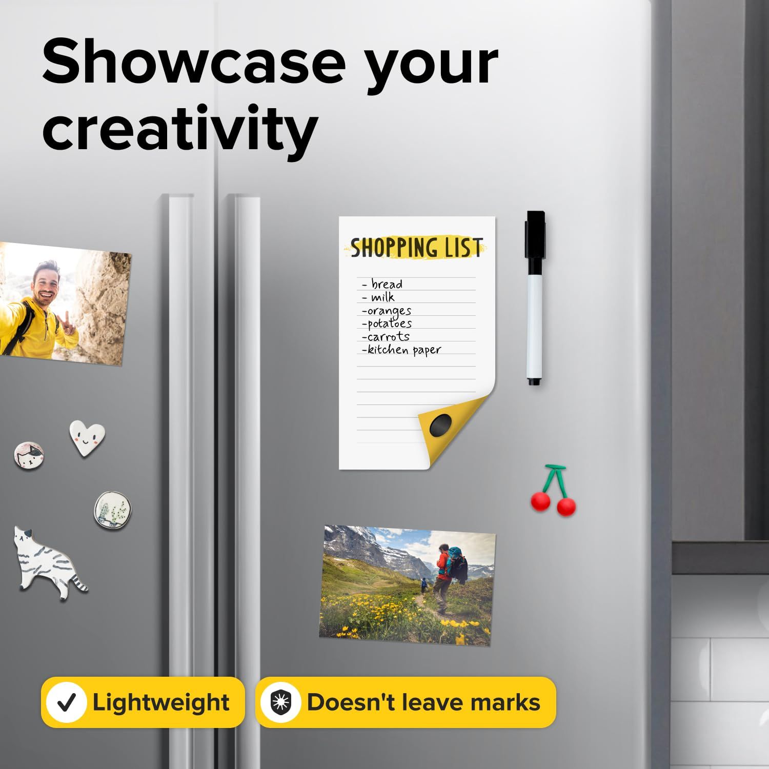 Communicates two distinct product benefits—lightweight design and mark-free adhesion—to reassure shoppers that the product is easy to use and won't damage surfaces.