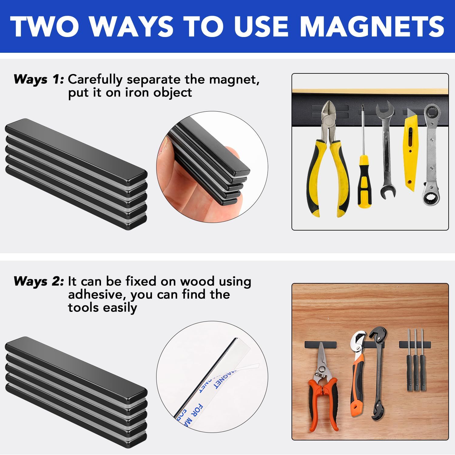 Demonstrates two different ways to install and use the magnetic tool holder, showing shoppers flexibility in mounting options and the product's practical tool storage capability. Shows multiple…
