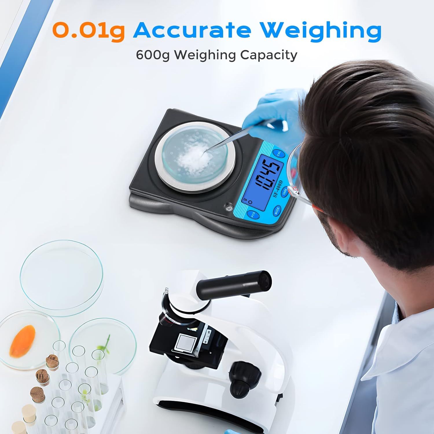 Highlights the precision scale's high accuracy (0.01g) and capacity (600g) to communicate its professional-grade performance for laboratory or precise measurement applications. Reinforces the…