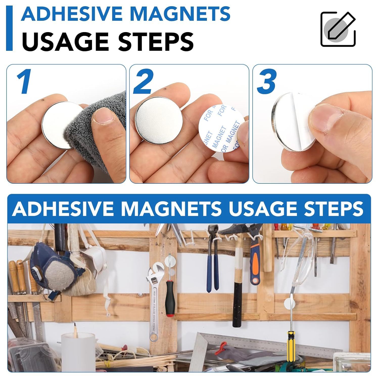 Demonstrates the three-step process for installing adhesive magnets, showing shoppers exactly how to clean, peel, and apply the product for successful use. Shows the practical application of the…