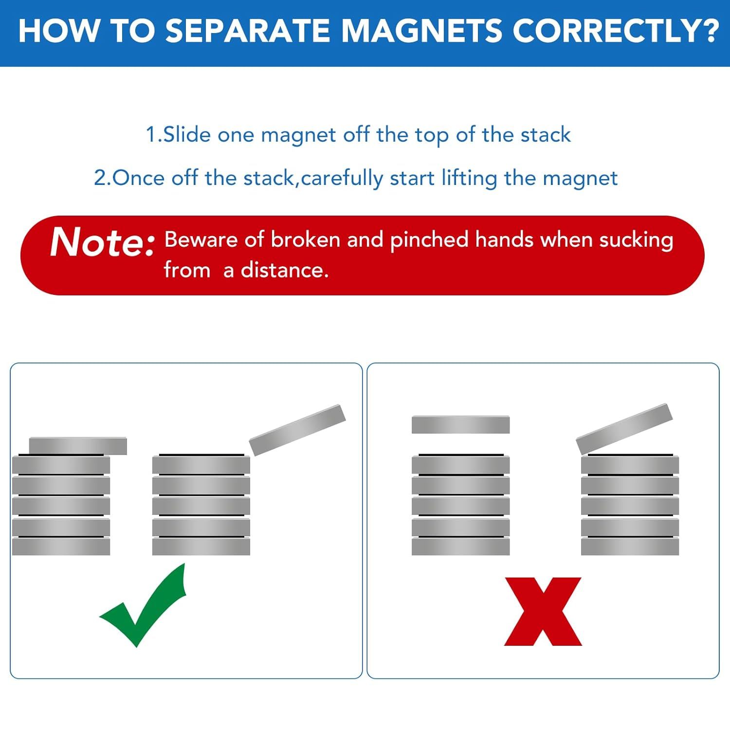 Instructs shoppers on the correct method to safely separate stacked magnets, emphasizing safety and proper handling to prevent injury or damage. Warns users about potential safety hazards (pinched…