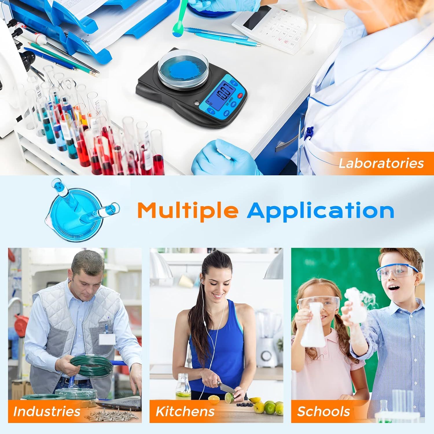 Demonstrates the product's versatility by showing it can be used across multiple environments and scenarios, from professional laboratories and industrial settings to home kitchens and educational…