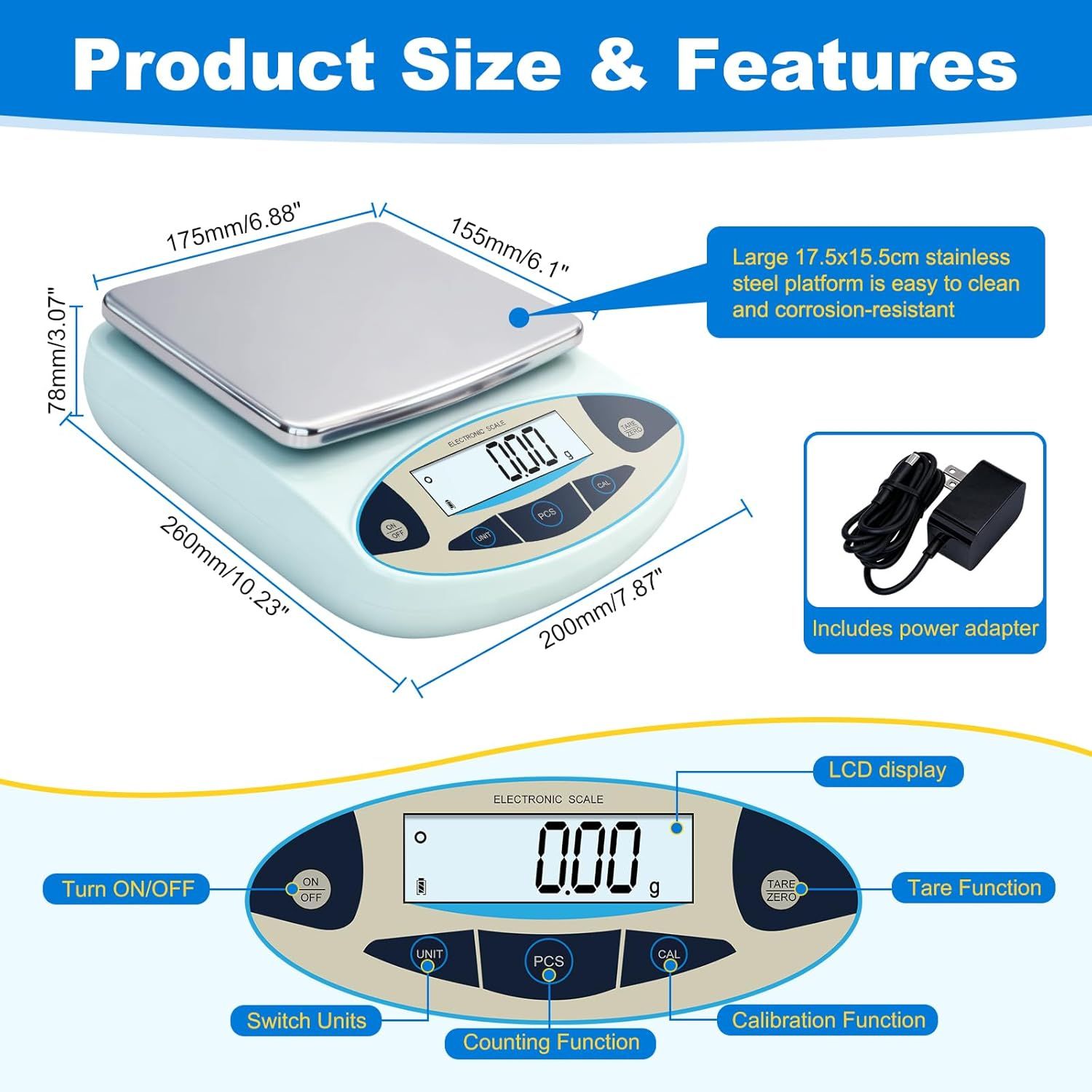 Communicates the exact physical dimensions of the scale (175mm x 155mm x 78mm x 200mm) to help shoppers understand the size and footprint of the product. Breaks down the product's physical…