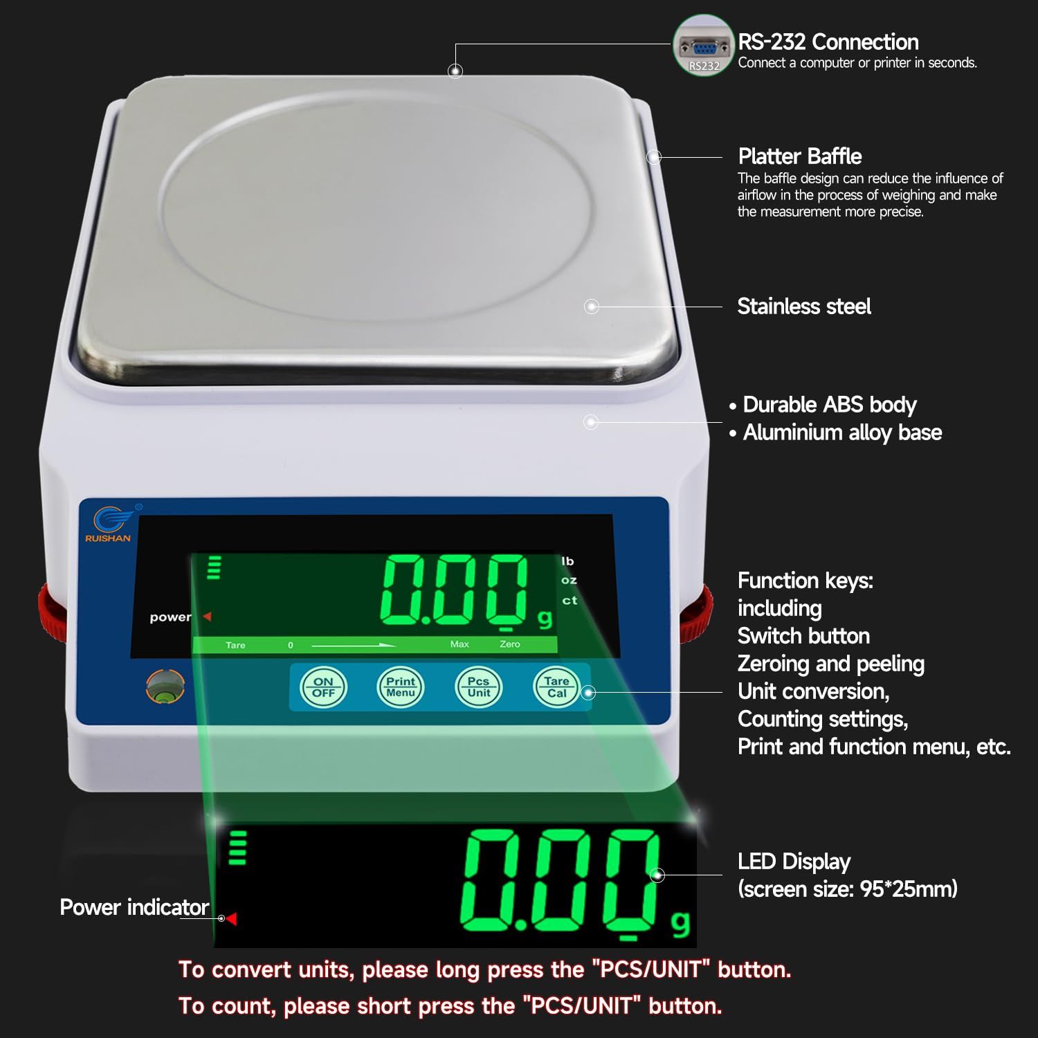 This image breaks down the physical components and features of the precision scale, helping shoppers understand the construction quality, materials, and functional elements of the product.
