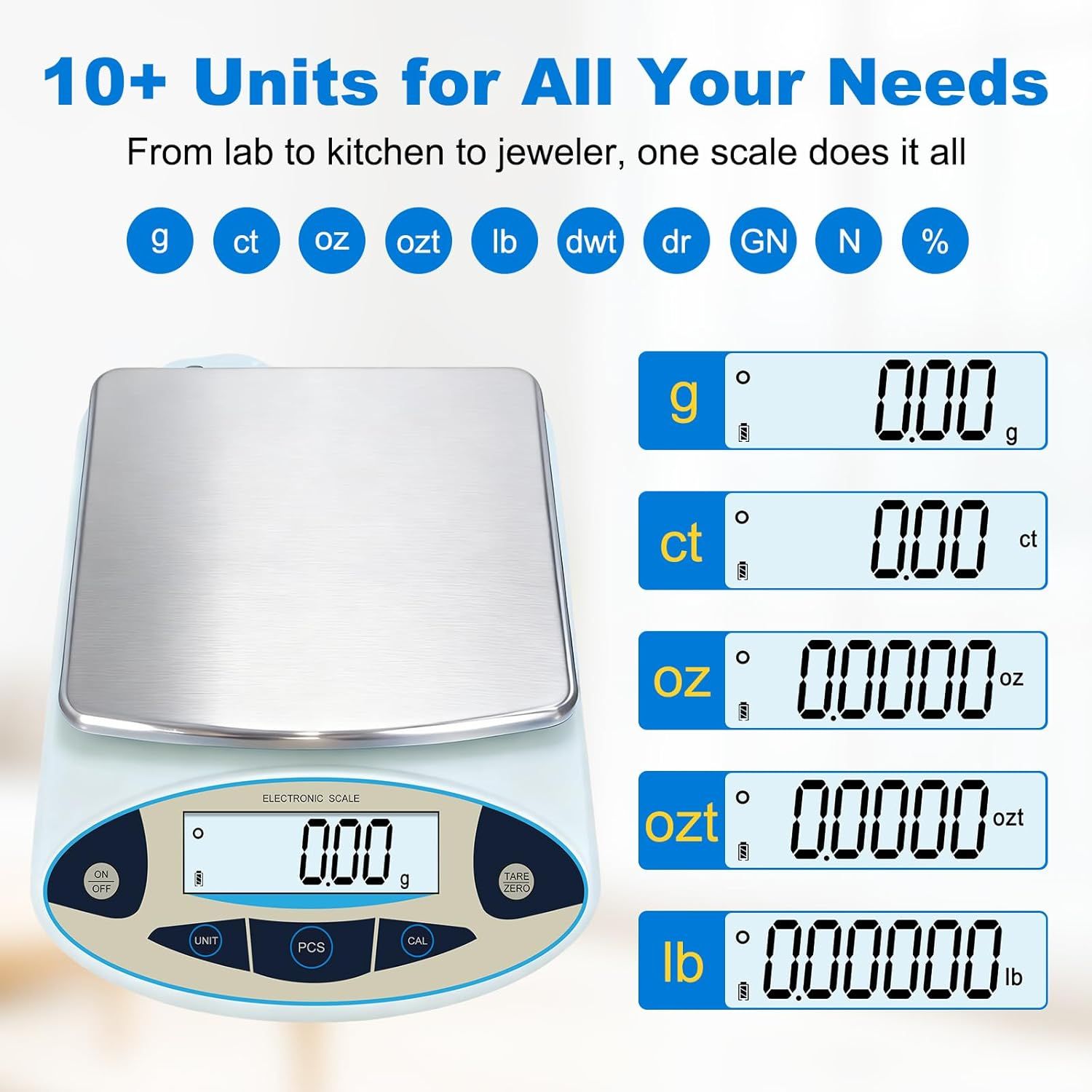 Demonstrates the scale's versatility by showing it supports 10+ different measurement units for various applications (lab, kitchen, jewelry), reassuring shoppers it can handle diverse weighing…
