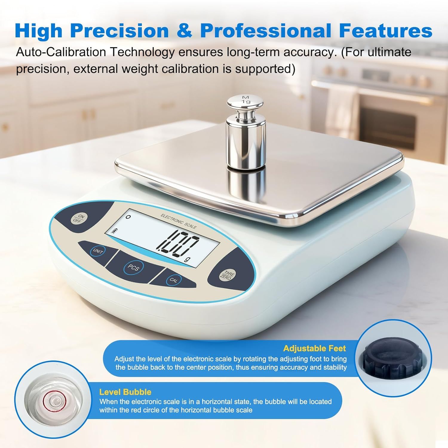 Highlights the precision scale's professional features by pointing to specific physical components (adjustable feet and level bubble) that ensure accuracy and stability, reassuring shoppers of the…