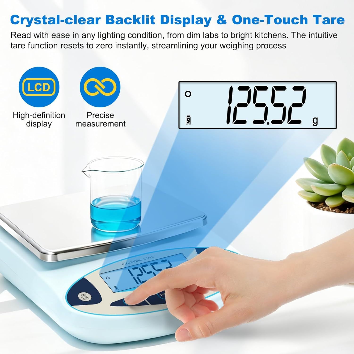 Communicates multiple key features of the kitchen scale including its backlit display for easy reading in any lighting, one-touch tare function for streamlined weighing, high-definition LCD screen,…