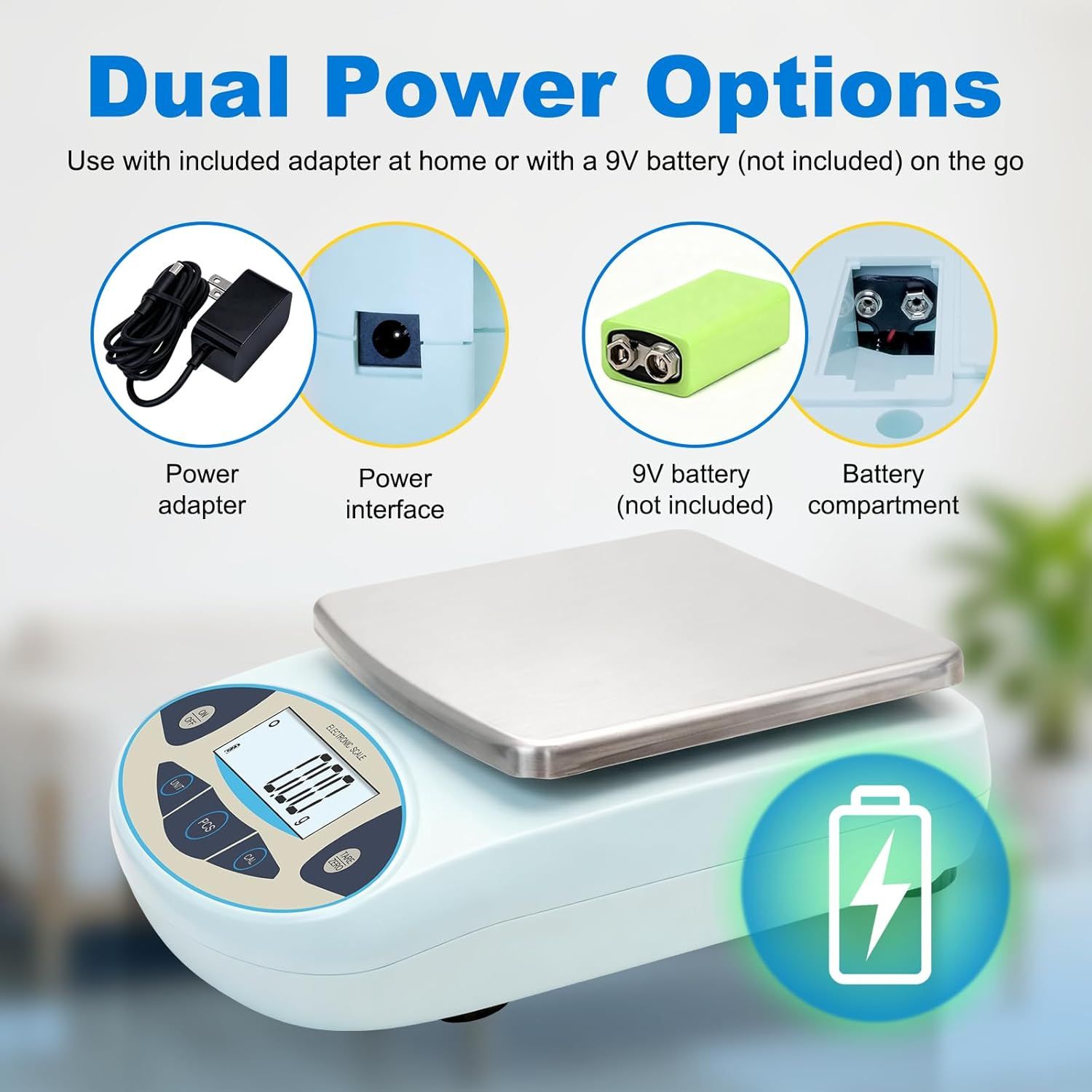Demonstrates the product's versatility by showing it can be powered two ways: with an included AC adapter at home or with a 9V battery for portable use on the go.