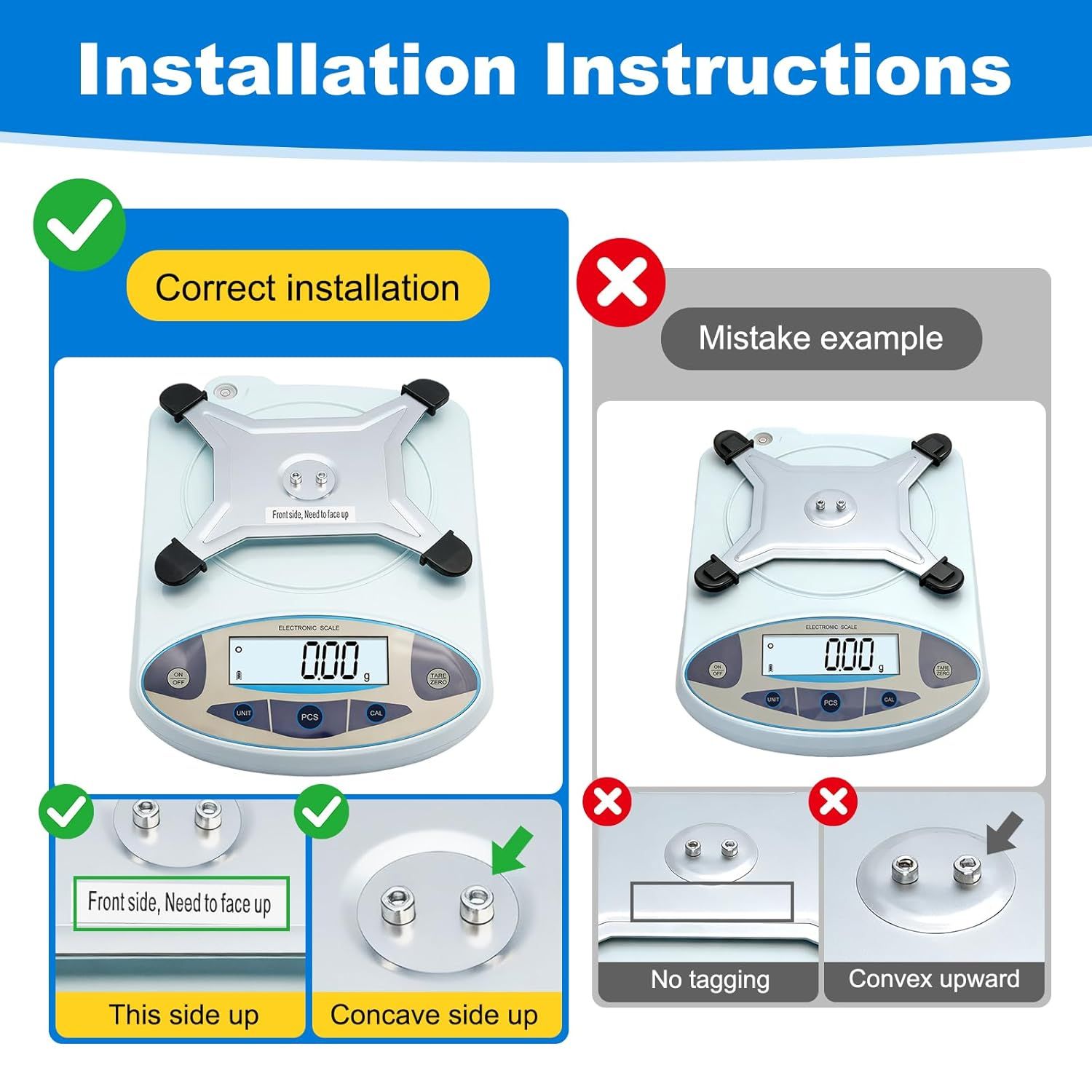 Instructs the shopper on the correct way to install or orient the product's weighing platform, showing correct vs. incorrect examples to prevent setup errors.