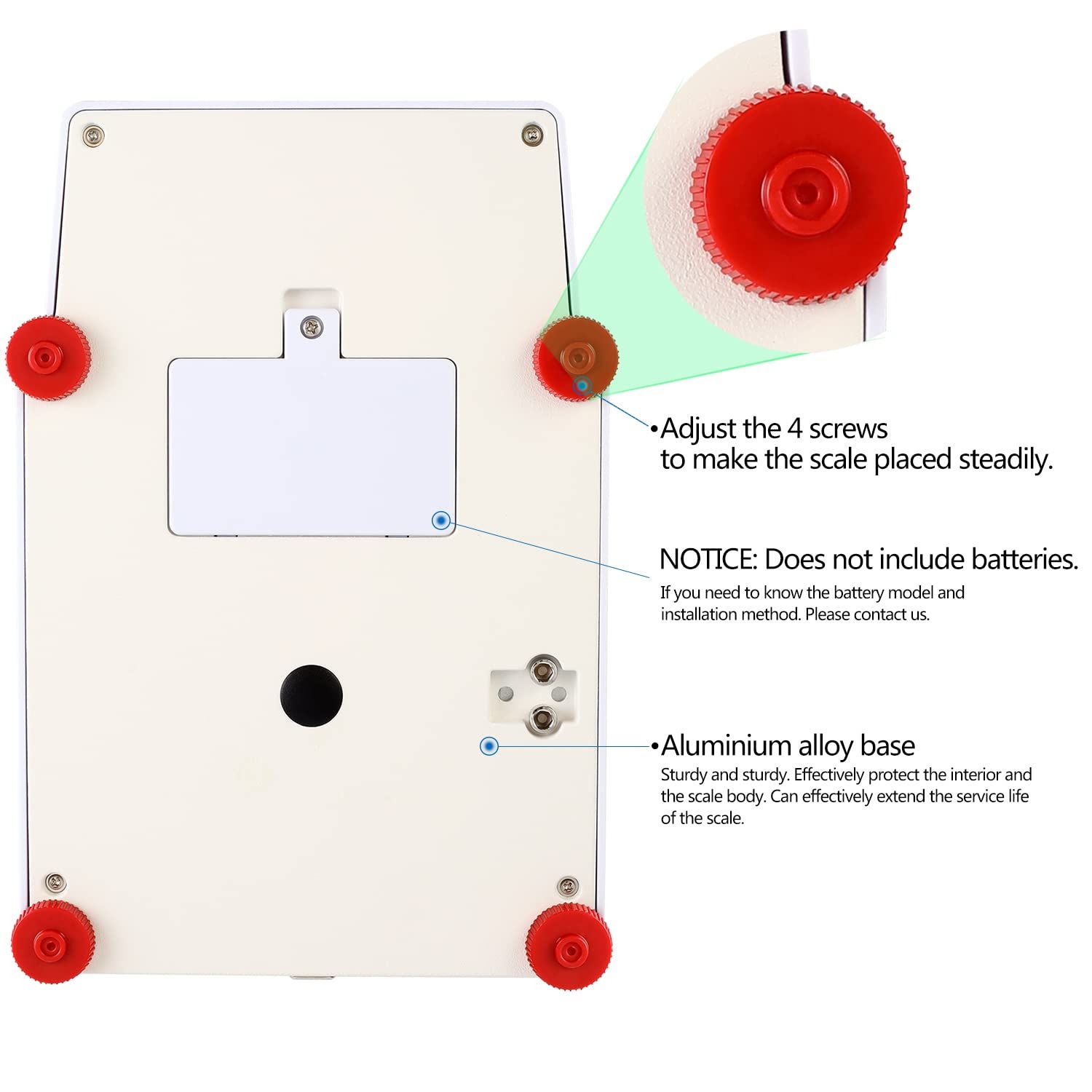 This image breaks down the physical components of the scale's underside, highlighting the adjustable screws for stability and the durable aluminium alloy base that protects the interior and extends…