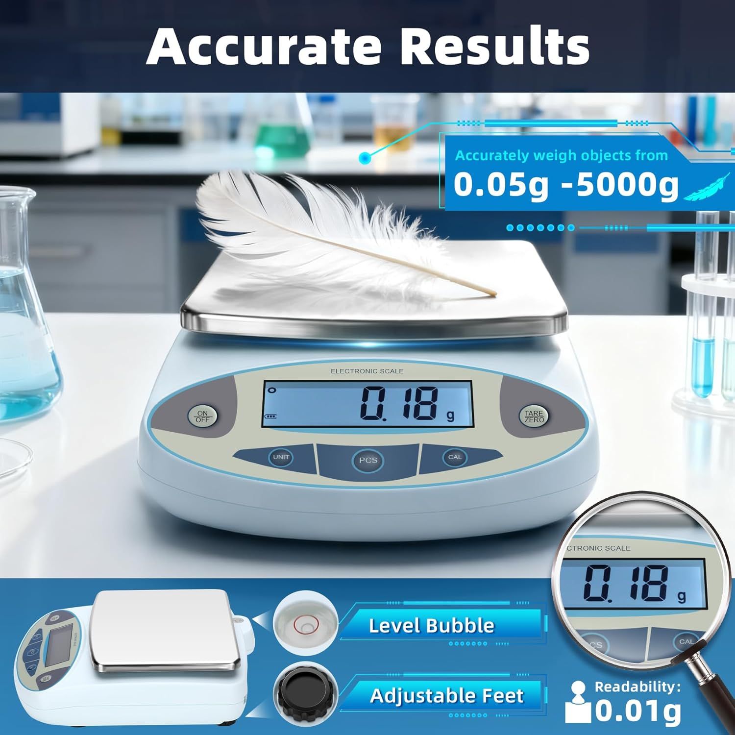 Communicates the precision and capacity of the electronic scale, emphasizing its ability to accurately weigh objects from extremely light (0.05g, shown with feather) to heavy (5000g) with high…