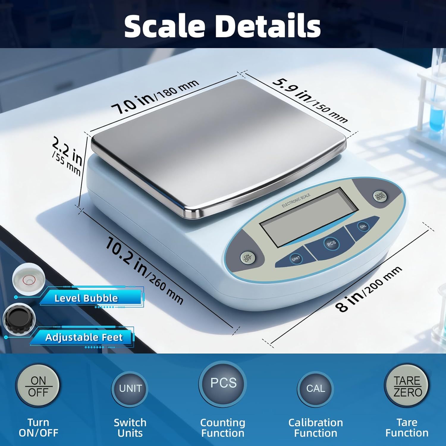 Communicates the exact physical dimensions of the scale (length, width, height) to help shoppers understand the product's size and footprint before purchase. Breaks down the scale's key physical…