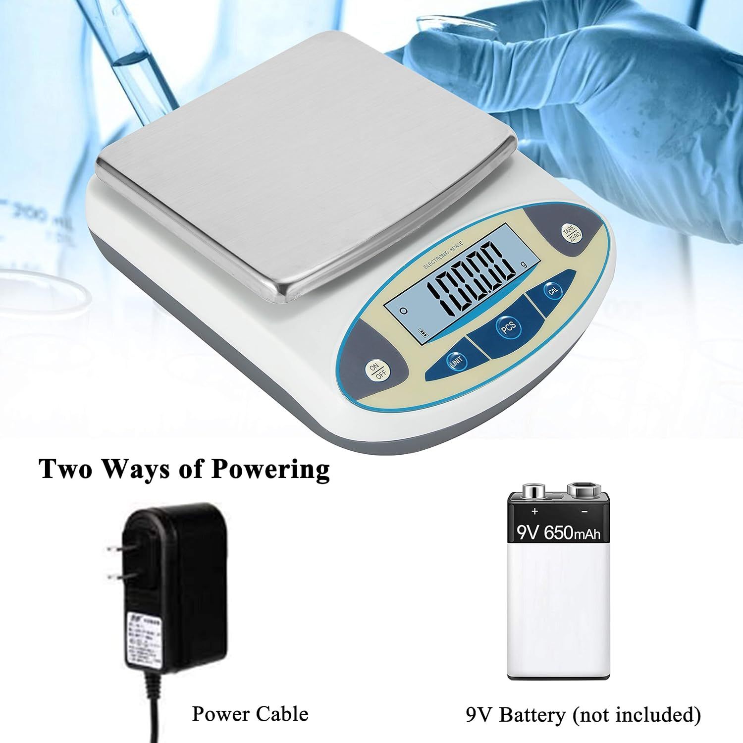 Communicates the convenience and flexibility of powering the scale via either AC adapter or 9V battery, reassuring shoppers of versatile usage options.