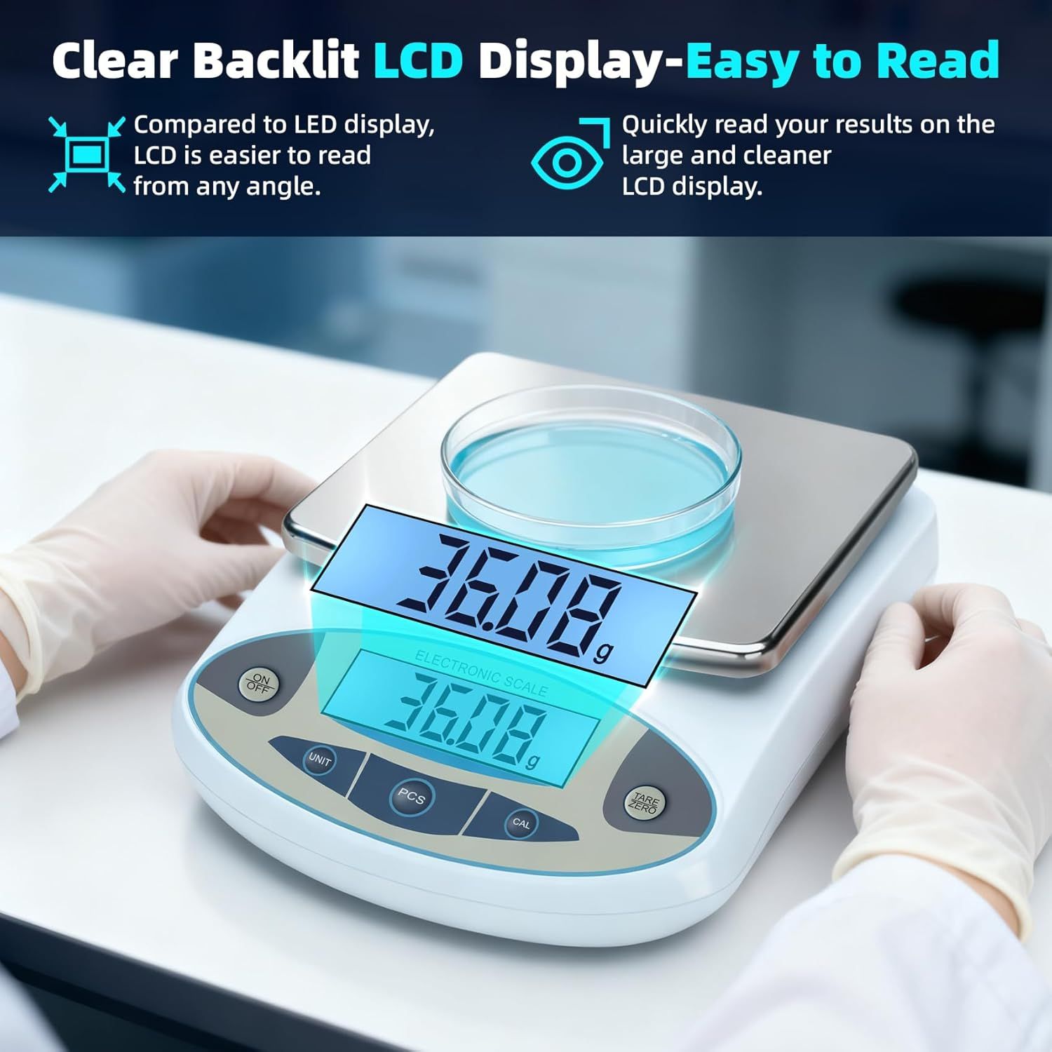 Highlights the product's clear, backlit LCD display that is easier to read than LED displays from any angle, reassuring shoppers of improved visibility and usability.