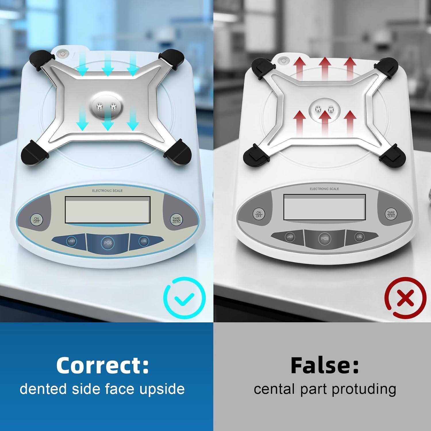 Instructs the shopper on the correct way to install or position the product on the scale, showing proper orientation (dented side up) versus incorrect orientation (central part protruding) to ensure…