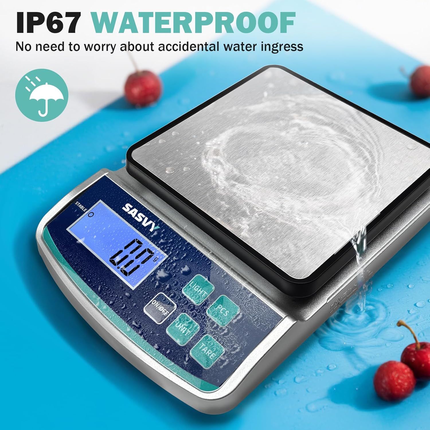 Reassures shoppers that the digital scale is protected against accidental water damage with IP67 waterproof certification, making it safe for use in wet environments like kitchens. Highlights the…