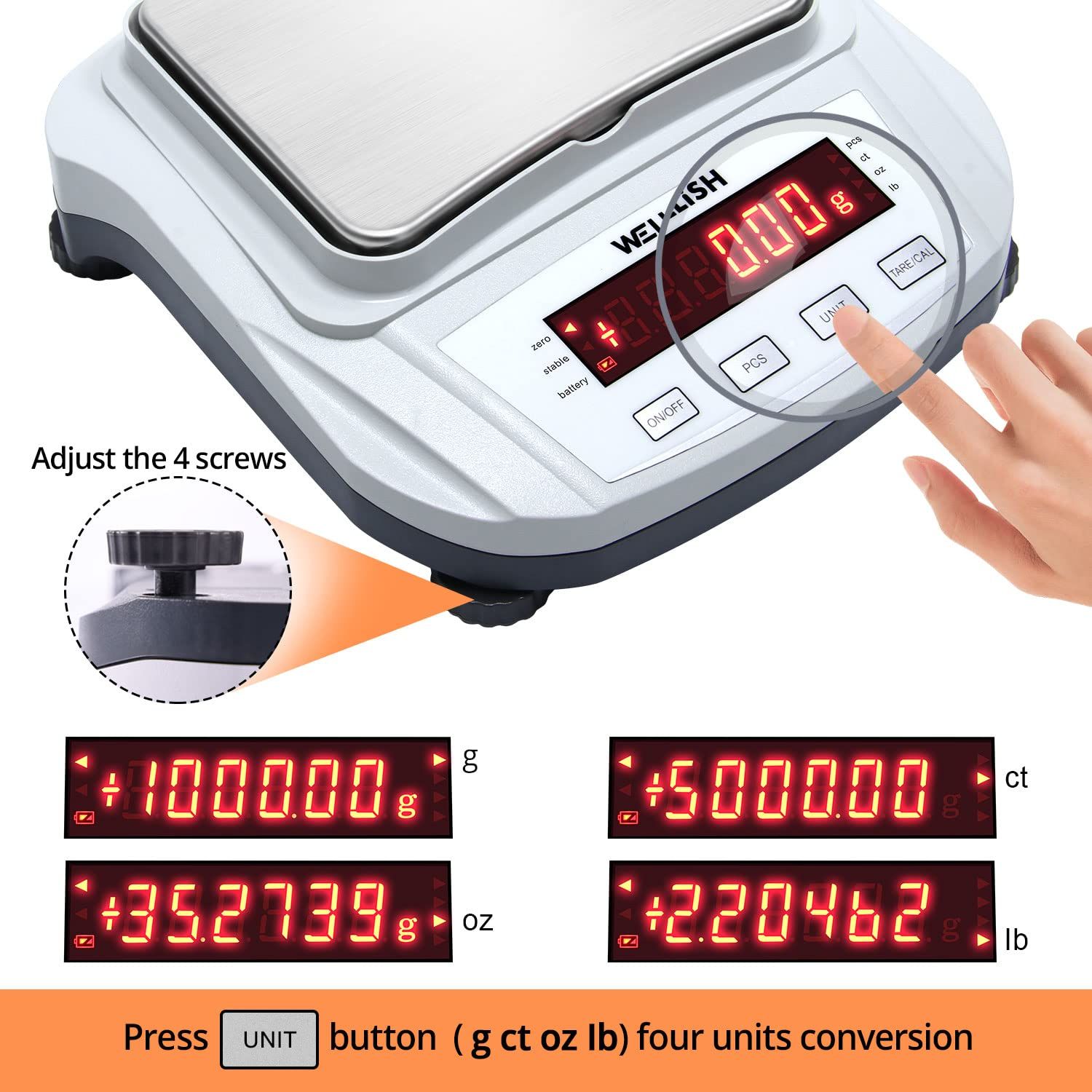 Instructs shoppers on how to adjust the scale's leveling screws for stability and how to use the UNIT button to switch between different measurement units (g, ct, oz, lb). Highlights two distinct…