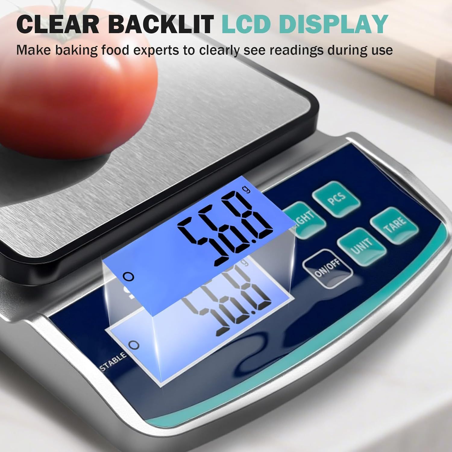 Highlights the product's backlit LCD display feature to reassure shoppers that readings are easy to see during use, especially in various lighting conditions.