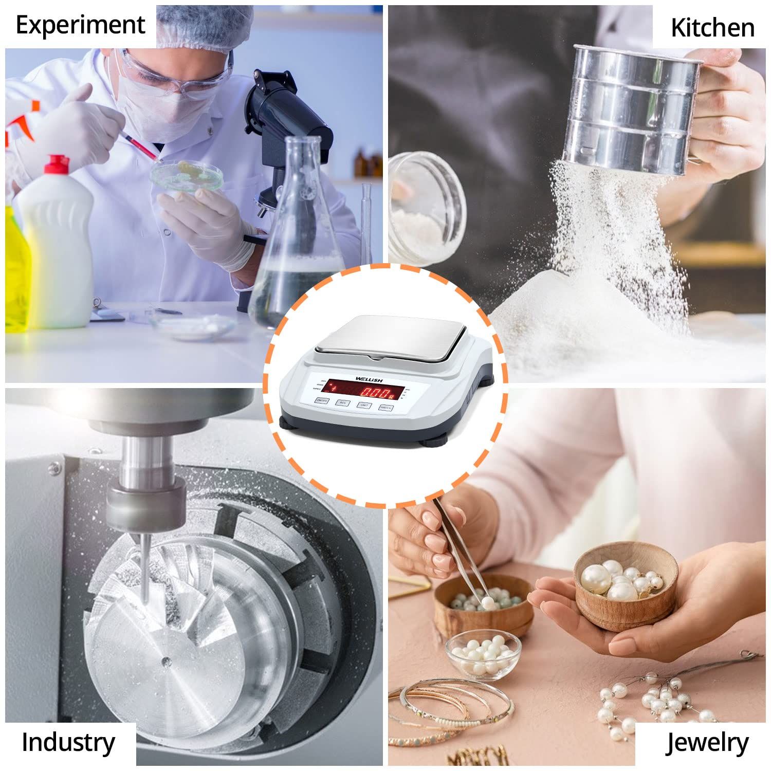 Demonstrates the versatility of the digital scale by showing it can be used across four distinct professional and personal contexts: scientific experiments, kitchen cooking, industrial…