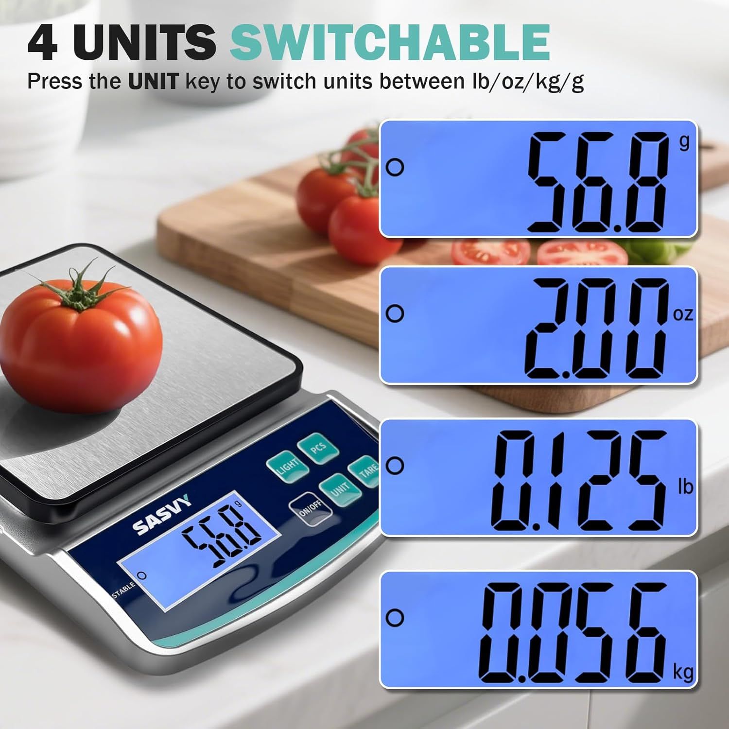 Demonstrates the kitchen scale's ability to switch between four different measurement units (lb, oz, kg, g) to provide flexibility and convenience for various cooking and baking needs.