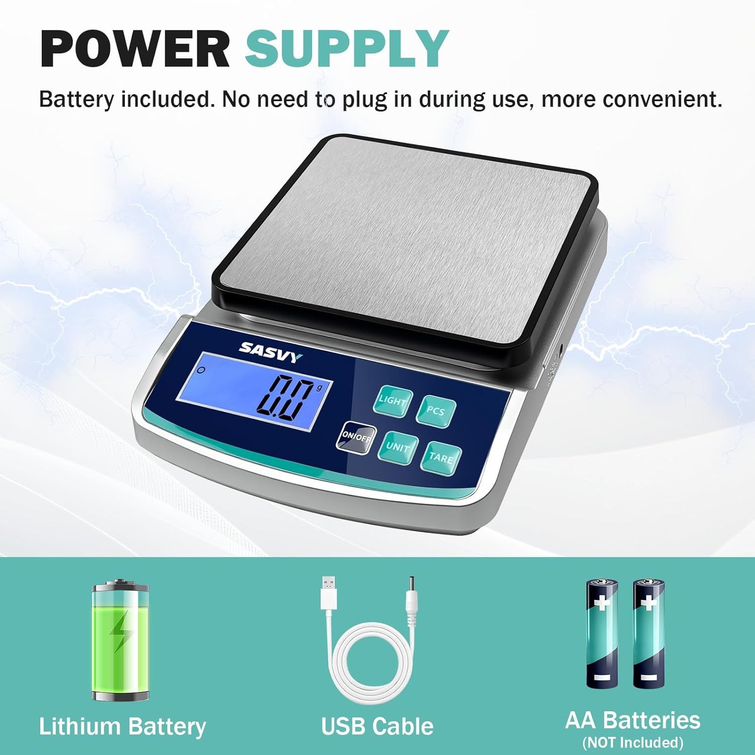 Communicates that the scale includes a rechargeable lithium battery and does not need to be plugged in during use, emphasizing portability and convenience for the shopper.