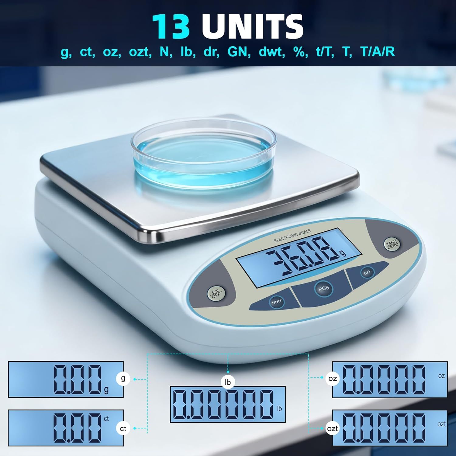 Communicates the versatility and precision of the scale by highlighting its ability to measure in 13 different units, reassuring shoppers that it can handle diverse weighing needs.