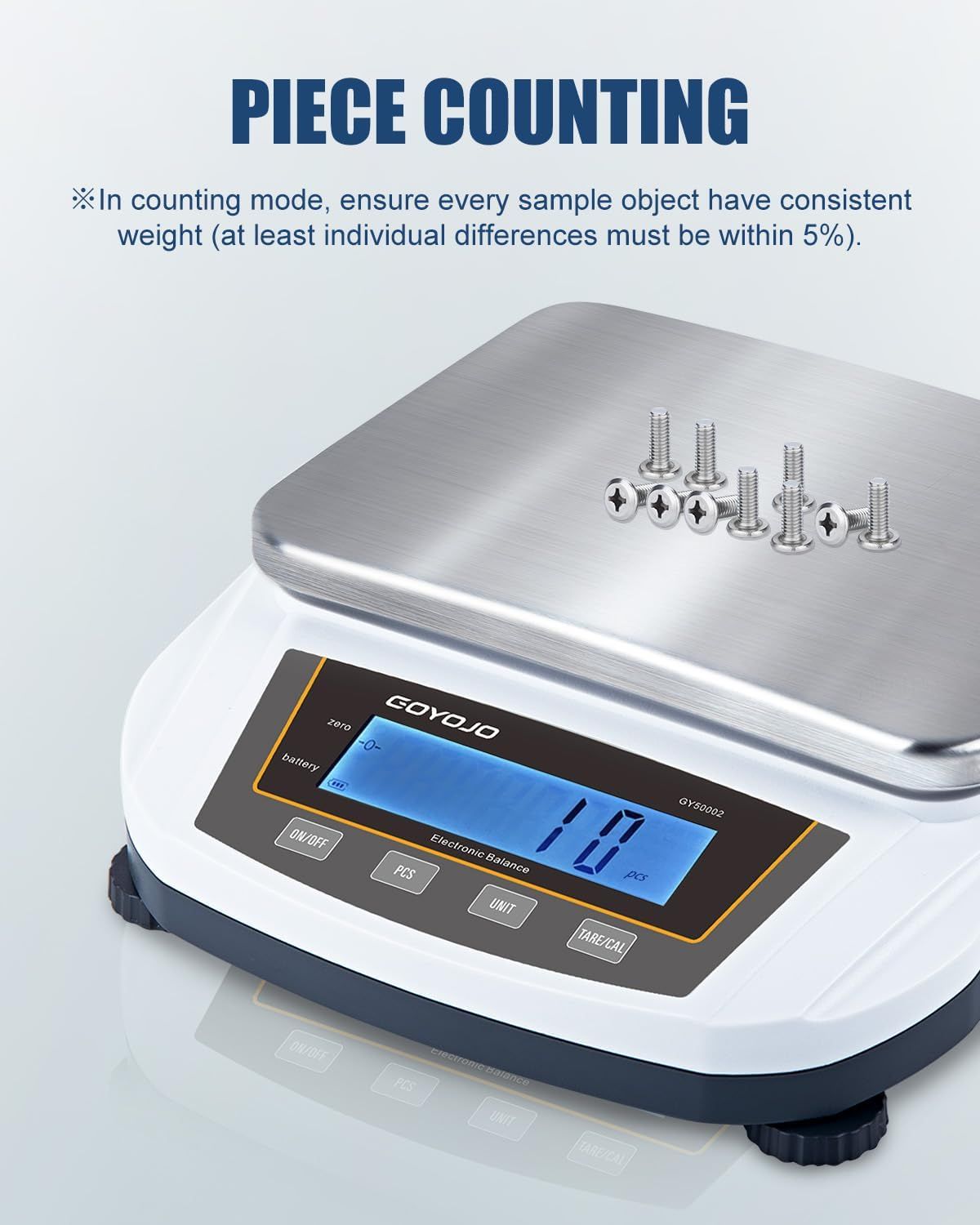 Demonstrates the scale's piece counting functionality, reassuring shoppers that the product can accurately count small identical items like screws with consistent weight measurement.