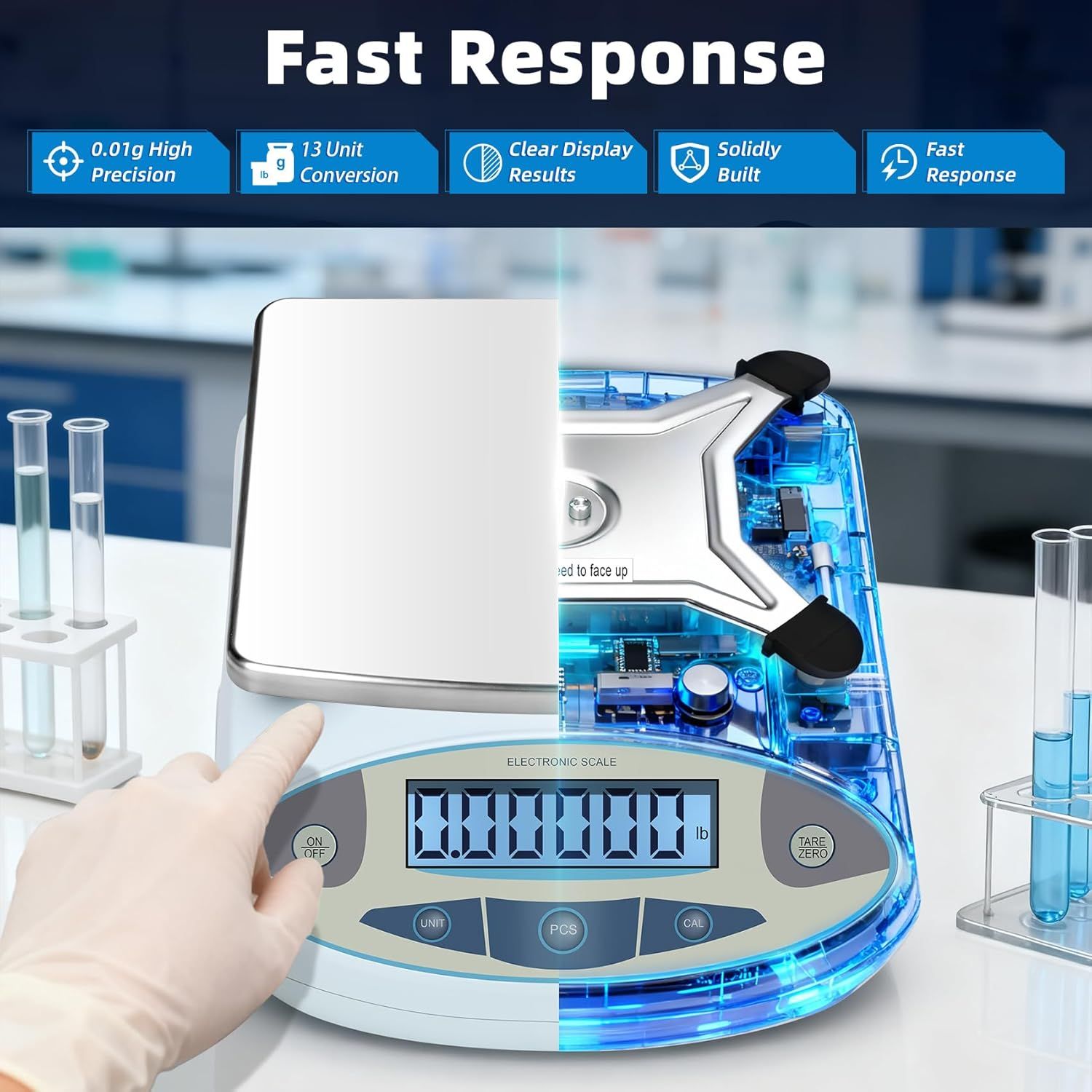Communicates multiple key selling benefits of the electronic scale in a segmented layout, emphasizing precision, versatility, display clarity, durability, and speed to reassure shoppers of…