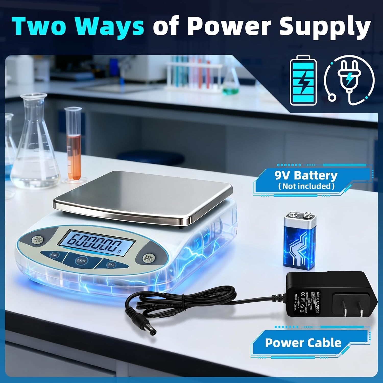 Shows the customer that the product can be powered in two ways (battery or cable) and clarifies what accessories are included and what is not (9V battery not included).