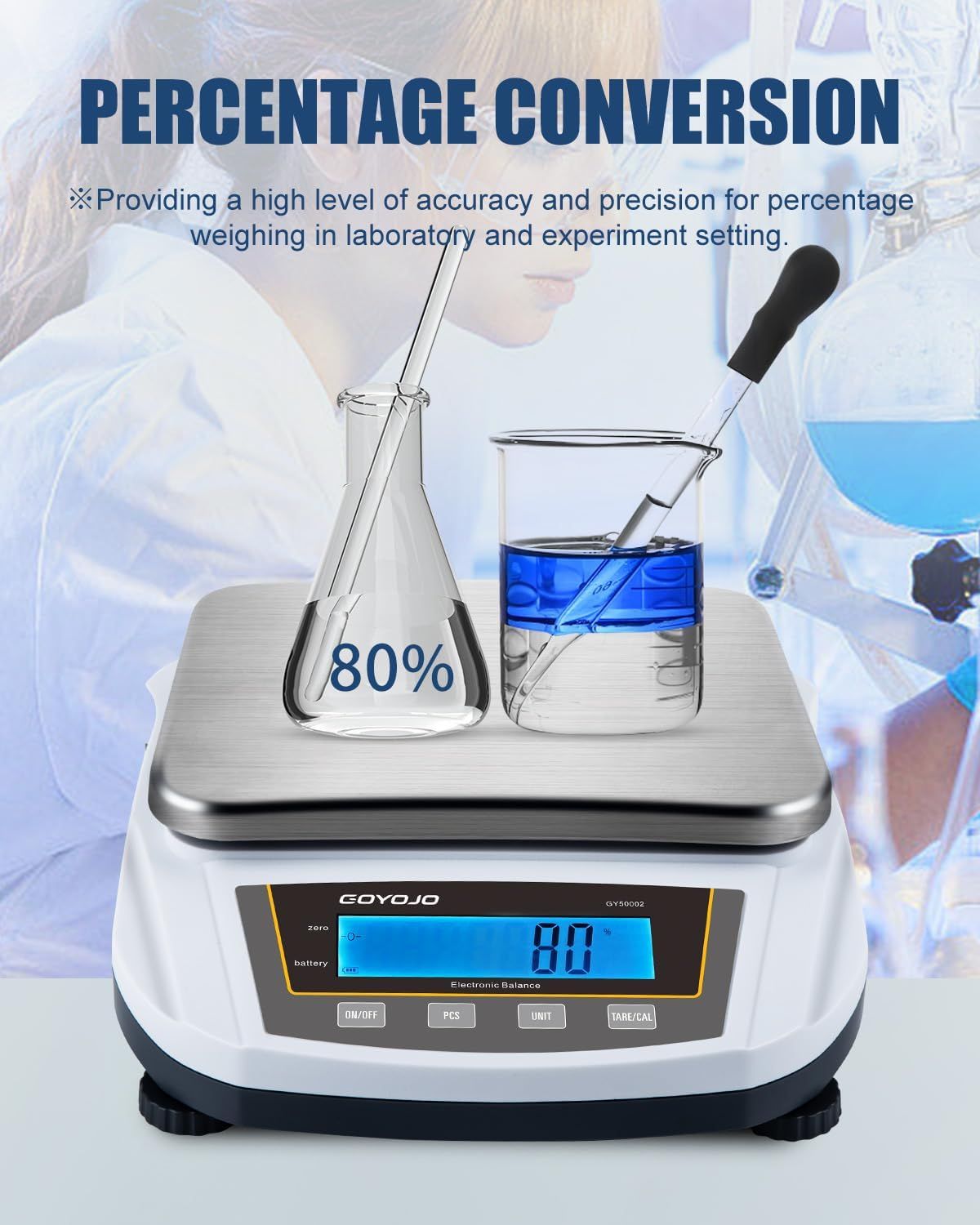 Communicates that the scale provides high-level accuracy and precision for percentage weighing in laboratory and experimental settings, reassuring professional users of its reliability.