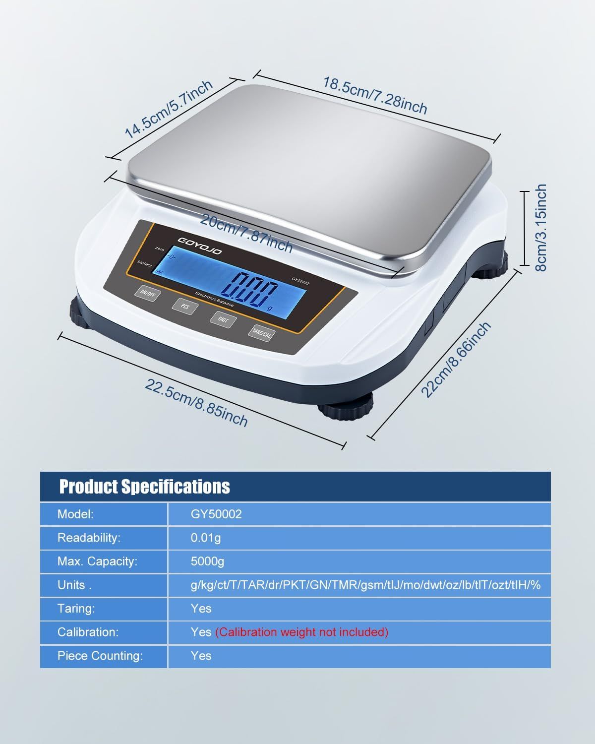 Communicates the exact physical dimensions of the digital scale (length, width, height) and provides detailed product specifications including capacity, readability, and features to help shoppers…