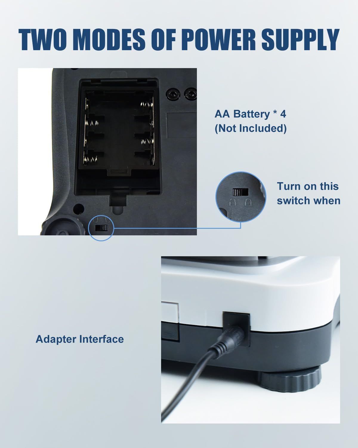 Explains the two ways to power the product—via AA batteries or an adapter interface—to reassure shoppers of flexible power options and guide them on setup. Highlights the convenience and flexibility…