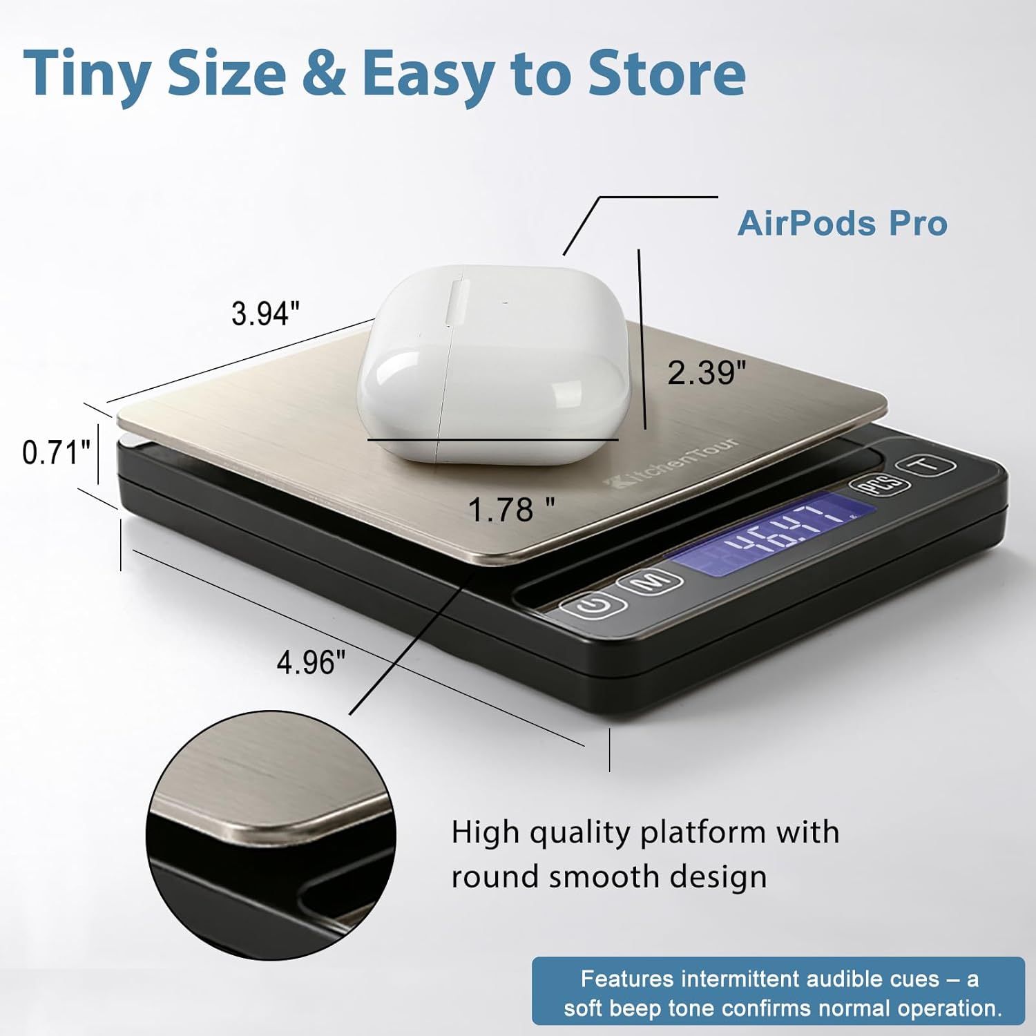 Demonstrates the product's compact physical size with exact measurements and a reference object (AirPods Pro) to reassure shoppers that it's small and portable. Communicates the key benefit that the…
