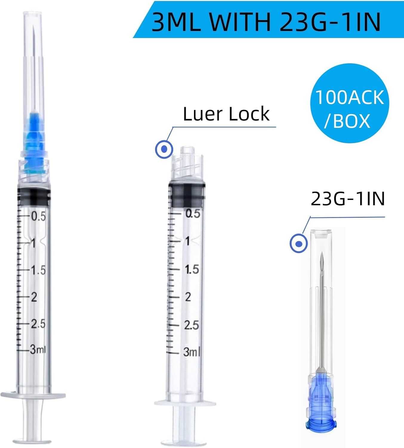 This image breaks down the physical components of the syringe system, highlighting the Luer Lock connection mechanism and the 23G-1IN needle specification to help medical professionals or customers…