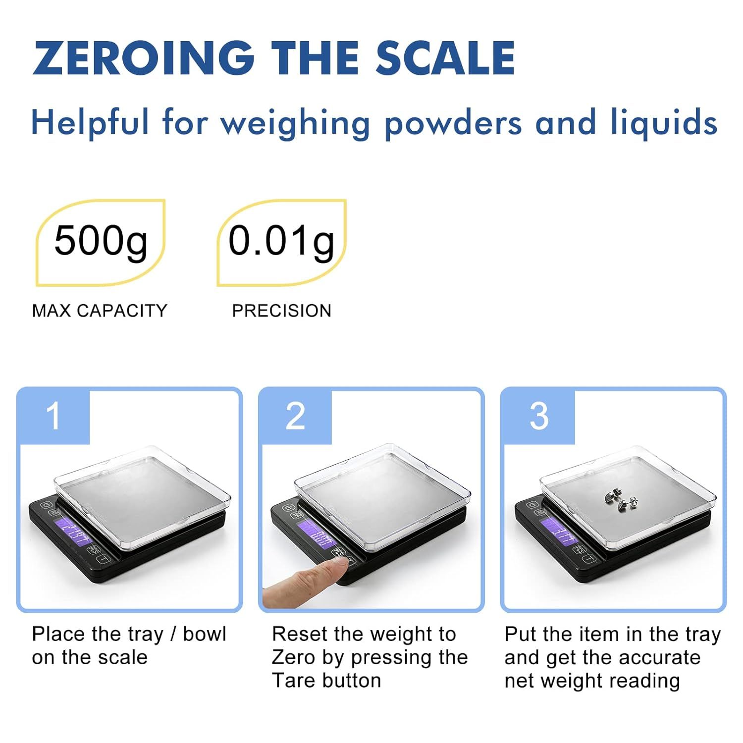 Explains the step-by-step process of using the tare function to zero the scale before weighing, helping shoppers understand how to get accurate net weight measurements for powders and liquids.…