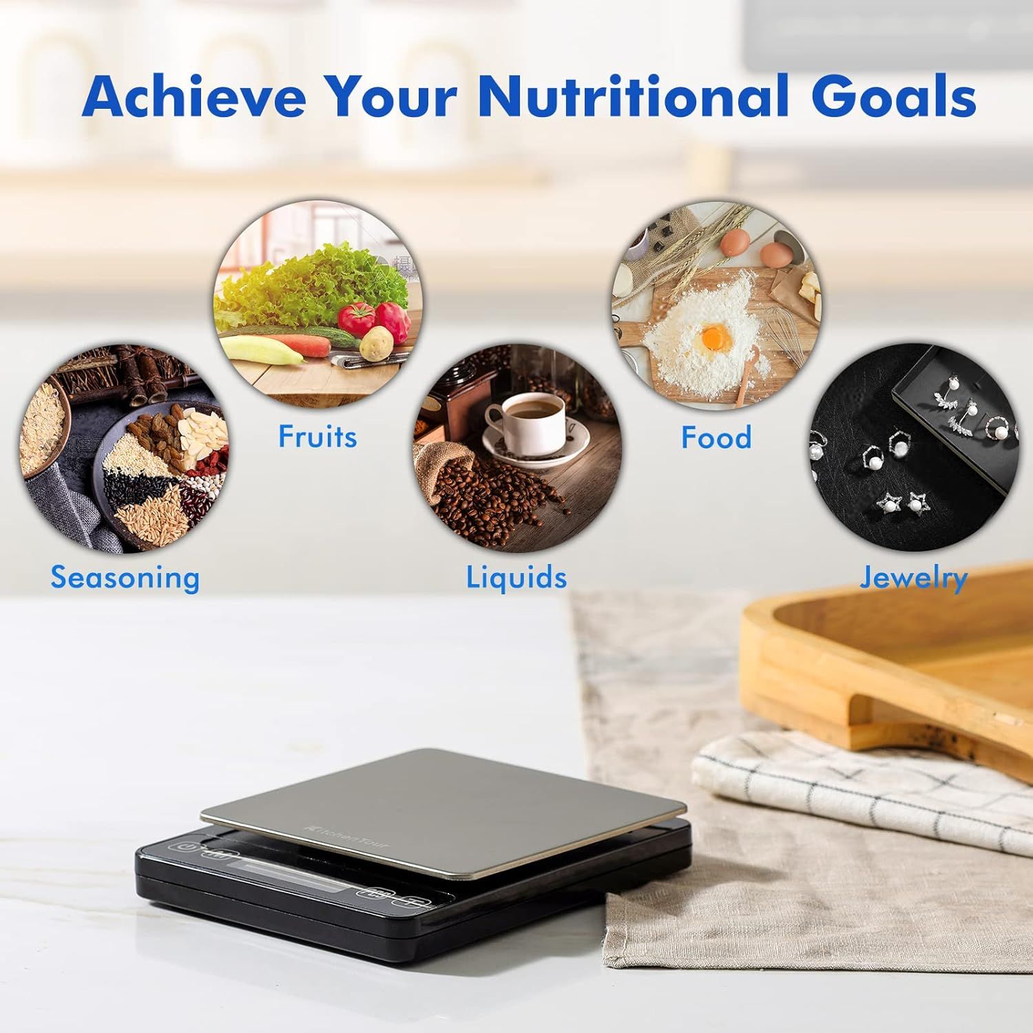 Demonstrates the versatility of the kitchen scale by showing it can be used to weigh multiple types of items across different categories, from food ingredients to non-food items like jewelry.