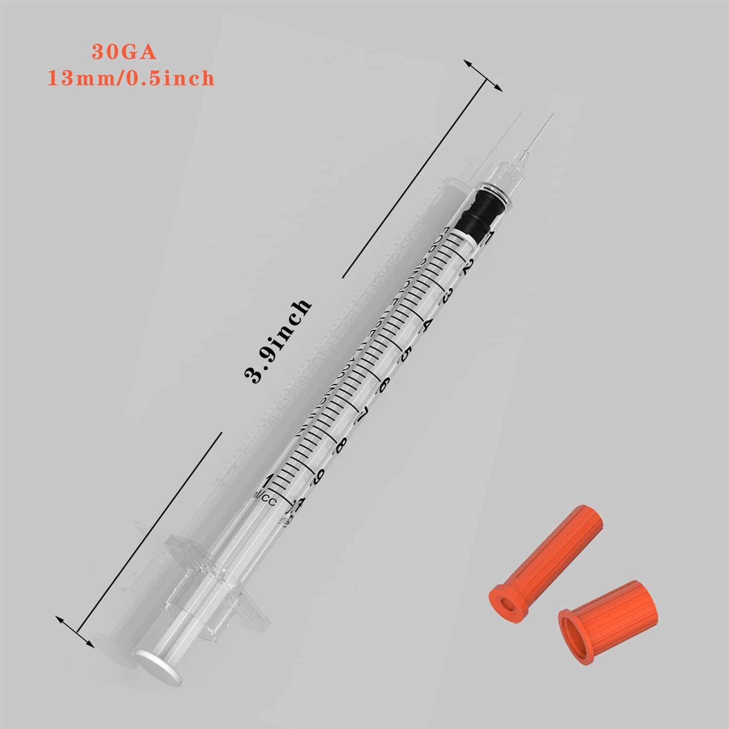 Communicates the exact physical dimensions of the syringe (3.9 inch length) and needle gauge (30GA, 13mm/0.5inch) to help shoppers understand the product size and specifications.