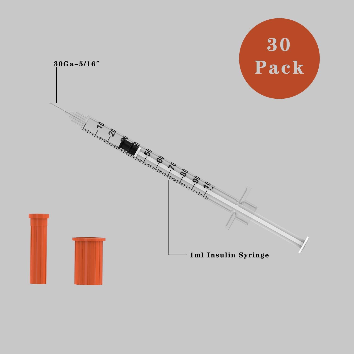 Shows all components included in the 30-pack purchase, helping shoppers understand exactly what they will receive: syringes with specific gauge/length needles and storage vials.