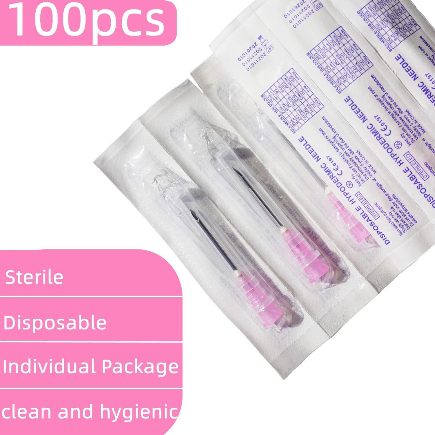 Communicates multiple key benefits of the product including sterility, disposability, individual packaging, and hygiene to reassure shoppers about safety and convenience.