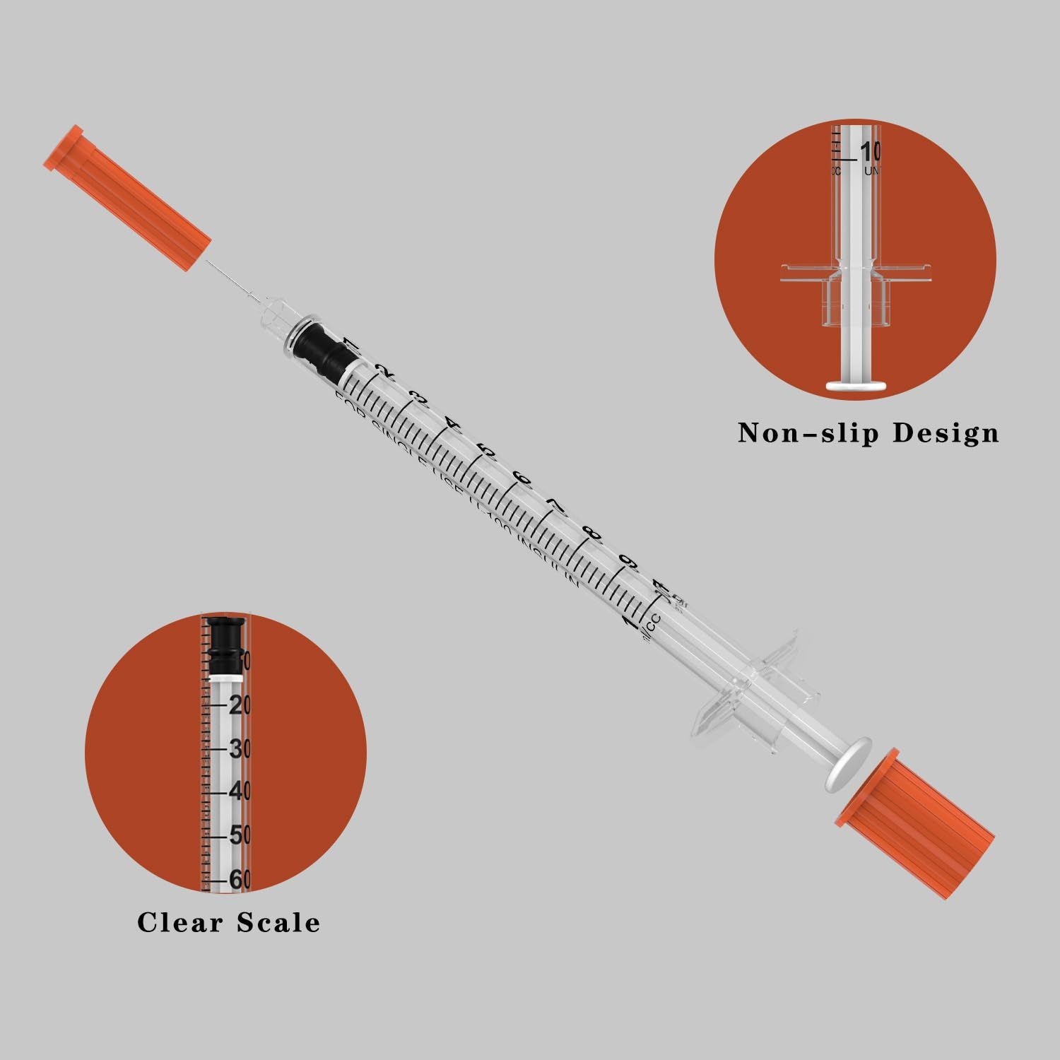 Highlights the physical components and design features of the syringe, specifically the non-slip base and clear measurement scale, to help shoppers understand the product's construction and…