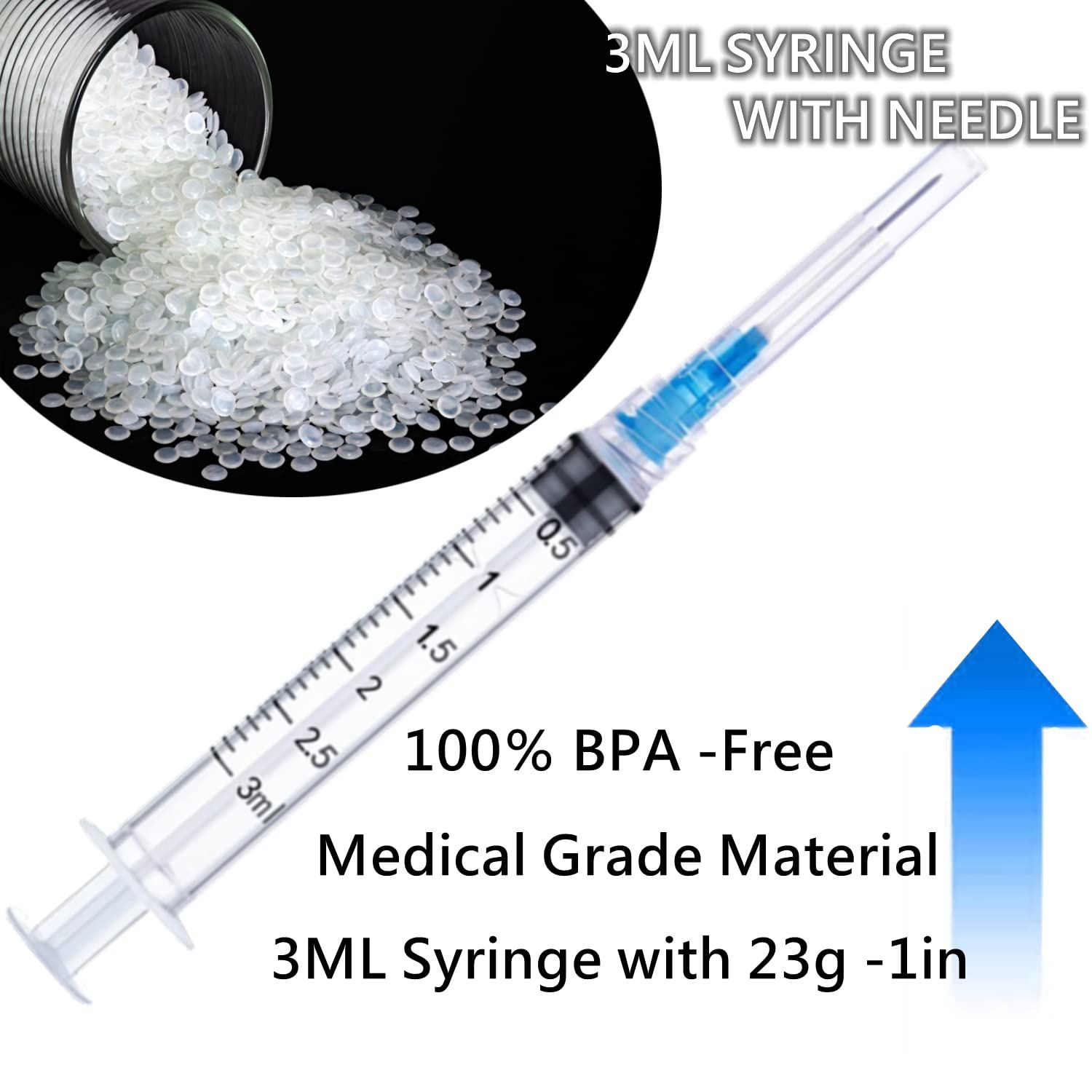 Communicates multiple product benefits including safety (BPA-free), quality (medical grade material), and specifications (3ML capacity with specific needle size) to reassure shoppers about the…