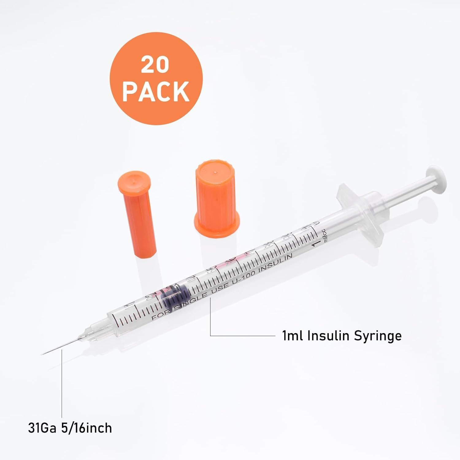 Shows the customer exactly what they receive in the package: a 20-pack of 1ml insulin syringes with orange safety caps and detailed specifications (31Ga 5/16inch).