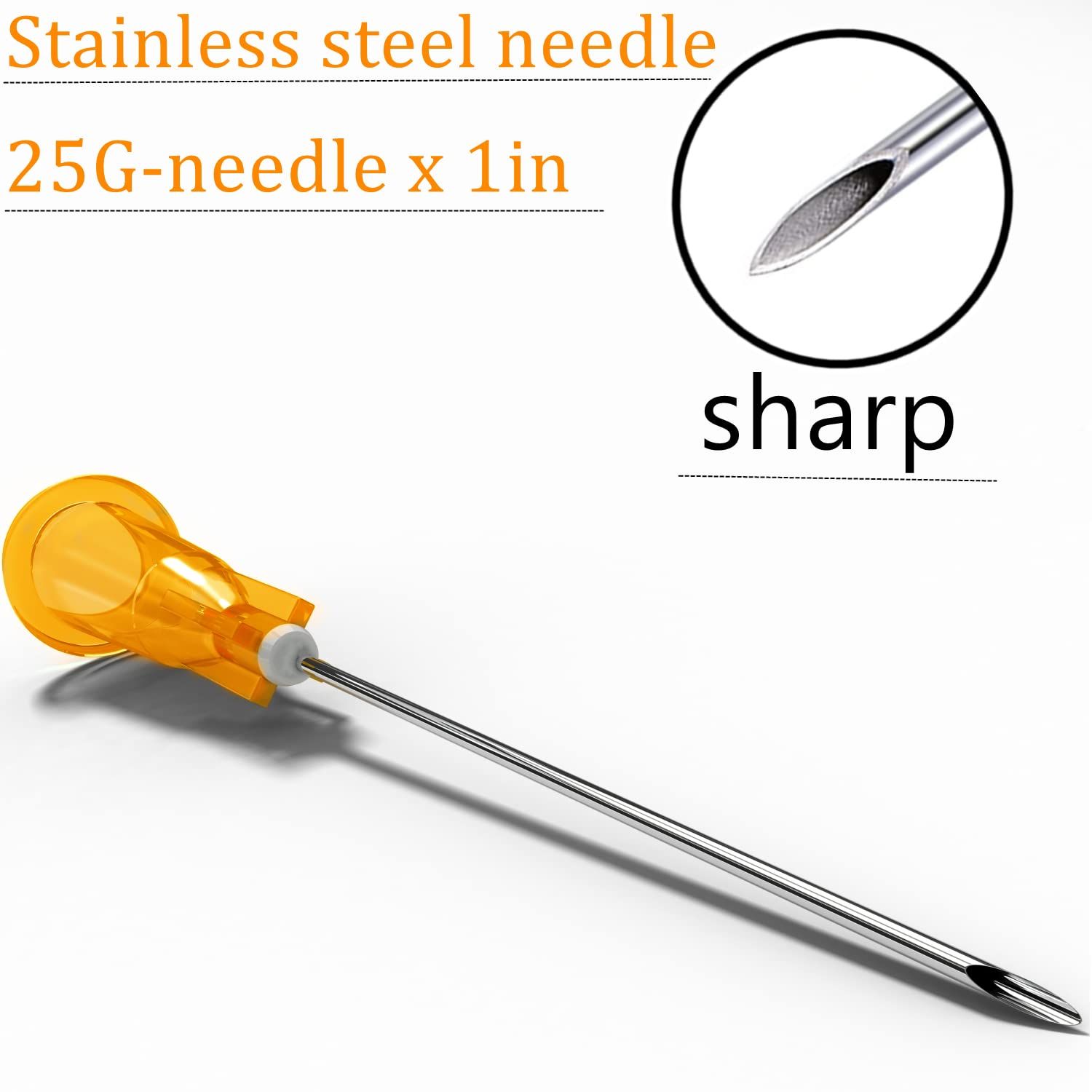 Highlights the key physical components of the needle—the stainless steel material and sharp tip—to communicate quality and precision to medical or crafting shoppers. Emphasizes the sharpness and…