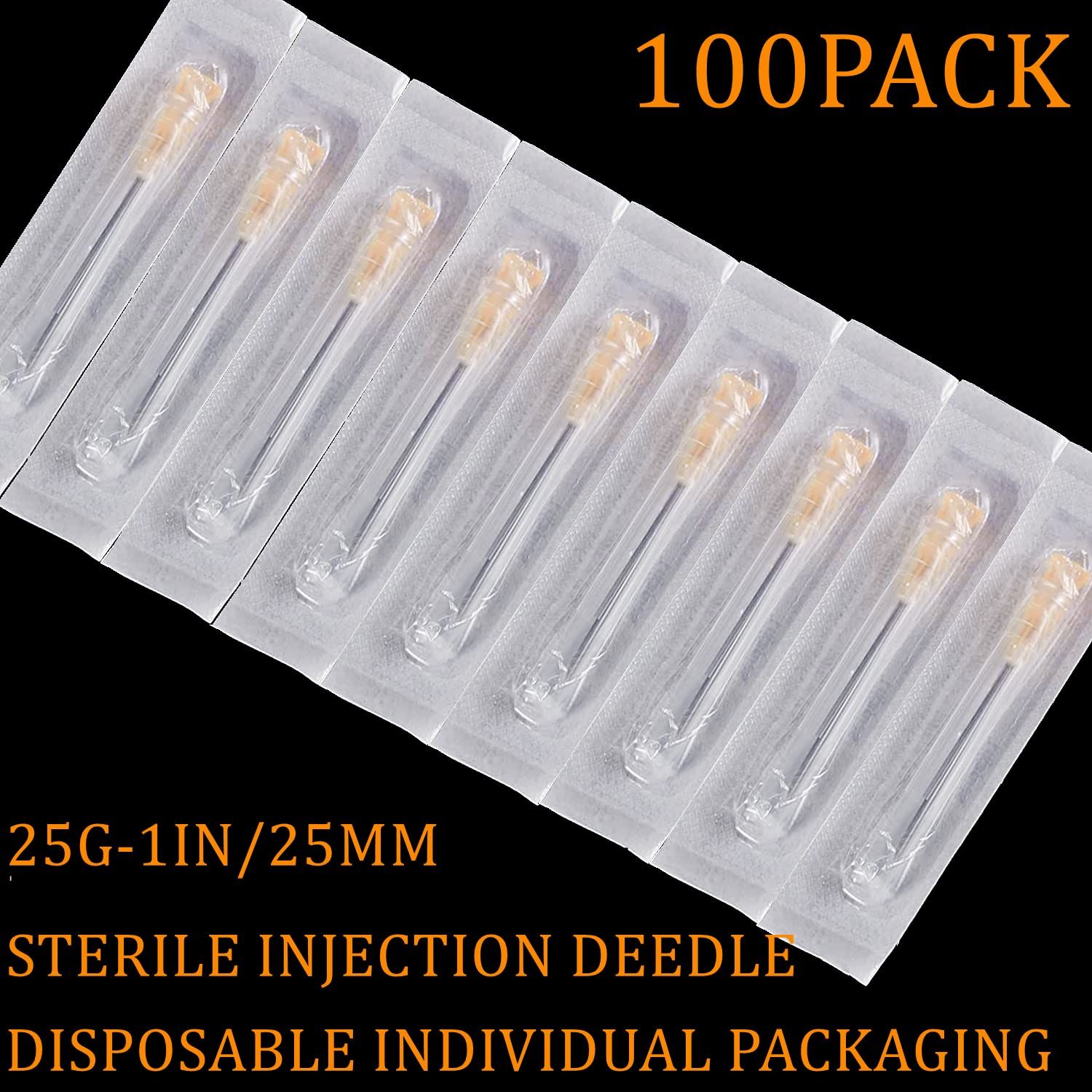 Communicates the bulk quantity (100 pack) and individual sterile packaging of the injection needles to reassure buyers about value and hygiene standards.