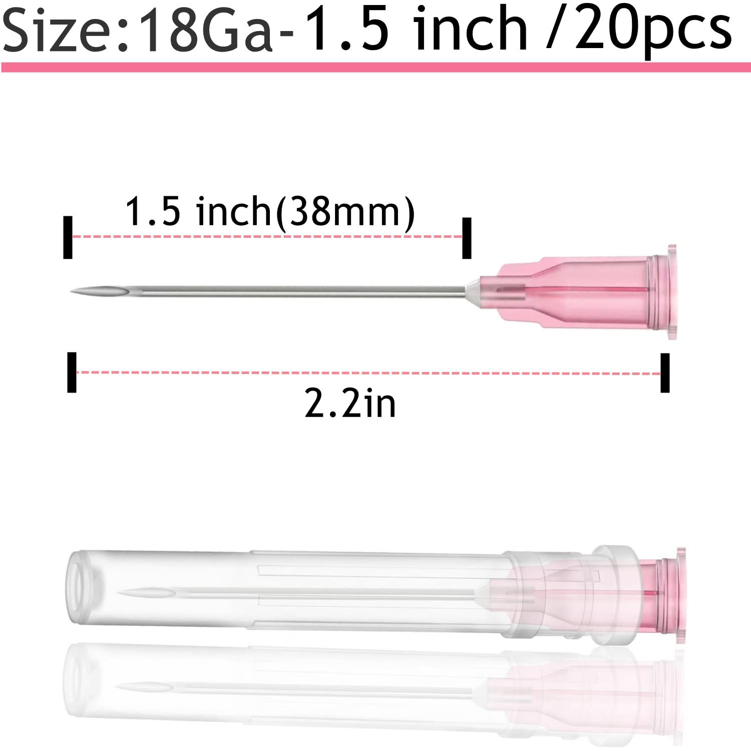 Communicates the exact physical dimensions of the needle product (1.5 inch needle length, 2.2 inch total length) with measurement arrows to help shoppers understand the size and gauge specifications…